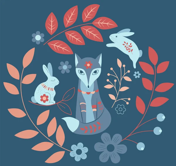 Şekillendirilmiş etnik tilki, tavşan ve çiçek elementlerinin vektör çizimi
