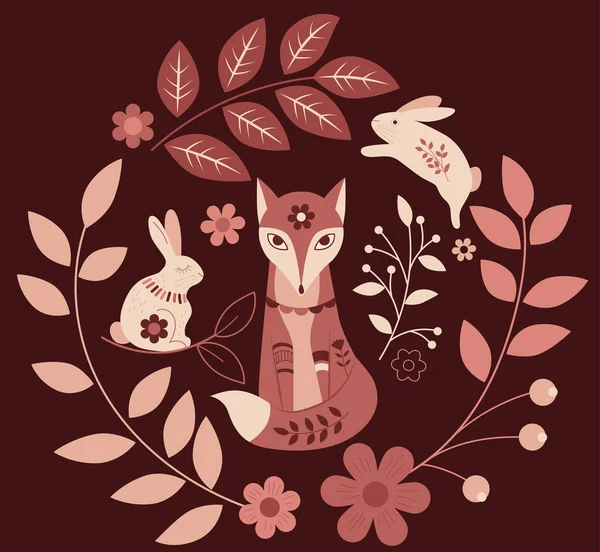  Turuncu renk şemasında biçimlendirilmiş etnik tilki, tavşan ve çiçek elementlerinin vektör çizimi, sonbahar renkleri