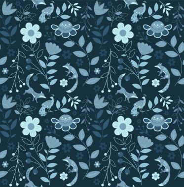 Etnik tilkilerin, kuşların ve çiçeklerin kusursuz deseni