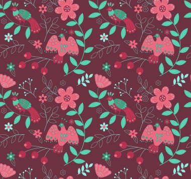 Etnik tilkilerin, kuşların ve çiçeklerin kusursuz deseni