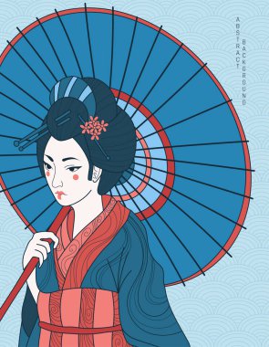  Kimono portresindeki mavi ve turuncu şemsiyeli vektör soyut resimli kadın, ana renk mavi. Japon soyut geçmişi