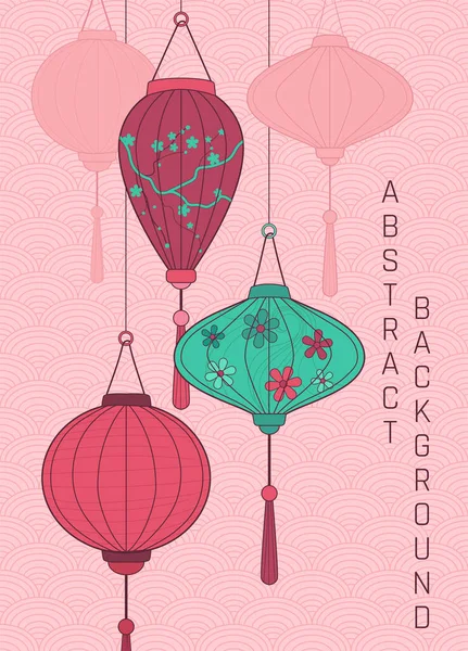 ピンクと緑のパレットに描かれた日本の提灯の抽象的なイラスト — ストックベクタ