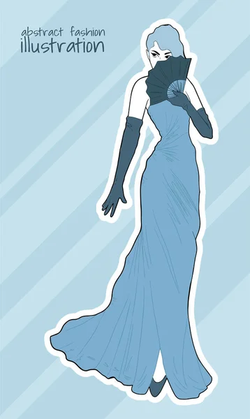 Модна Ретро Ілюстрація Жінкою Довгій Сукні Вентиляторі — стоковий вектор