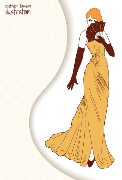 Ilustración Retro Moda Con Mujer Vestido Largo Abanico — Vector de stock