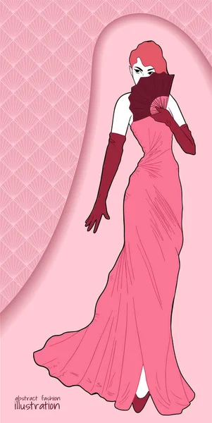 Модна Ретро Ілюстрація Жінкою Довгій Сукні Вентиляторі — стоковий вектор