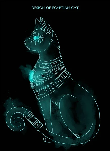 Design Egyptian Cat Black Background Blue Lighting Smoke — Stock Vector