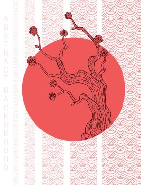  Kırmızı daire ve basit kırmızı pullarla biçimlendirilmiş sakura ağacı ile soyut illüstrasyon