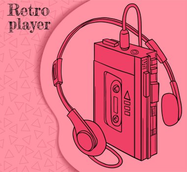  Gül rengi kasetler için eski bir retro çalar. Vuruşlu çizgi film biçimi