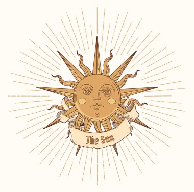  Yarı ortaçağ tarzında renkli çizimler, biçimlendirilmiş güneş ve bant.