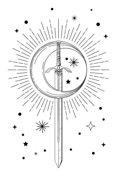 中世の黒と白の剣月と漫画のスタイルで太字の境界線 — ストックベクタ