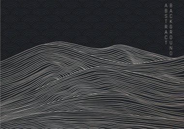 vektör soyut Japon tarzı manzaralar siyah ve altın renkli dalgalar halinde dizilmiştir.