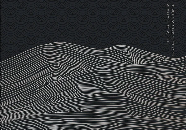 Vetor Abstrato Paisagens Estilo Japonês Alinhado Ondas Cores Preto Ouro — Vetor de Stock