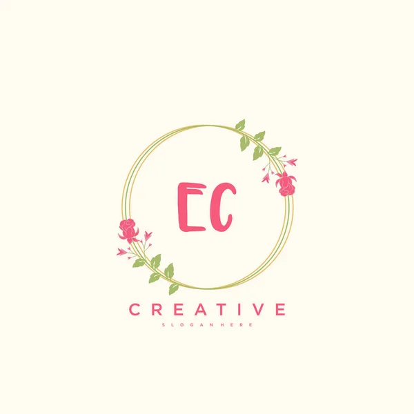 Ec美容ベクトル初期ロゴ 任意の会社やビジネスのための創造的なテンプレートと初期署名 結婚式 ファッション ジュエリー ブティック 花や植物の手書きのロゴアートデザイン — ストックベクタ