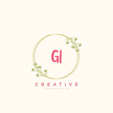 GI güzellik vektörü başlangıç logosu, ilk imzanın el yazısı sanat tasarımı, düğün, moda, mücevher, butik, çiçek ve botanik, herhangi bir şirket veya iş için yaratıcı şablona sahip..