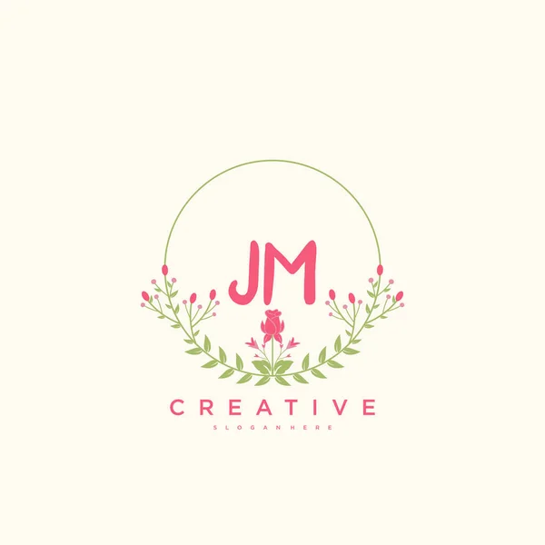 Jm美容ベクトル初期ロゴ 任意の会社やビジネスのための創造的なテンプレートと初期署名 結婚式 ファッション ジュエリー ブティック 花や植物の手書きのロゴアートデザイン — ストックベクタ