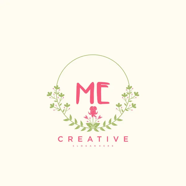 Me美容ベクトル初期ロゴ 任意の会社やビジネスのための創造的なテンプレートと初期署名 結婚式 ファッション ジュエリー ブティック 花や植物の手書きのロゴアートデザイン — ストックベクタ