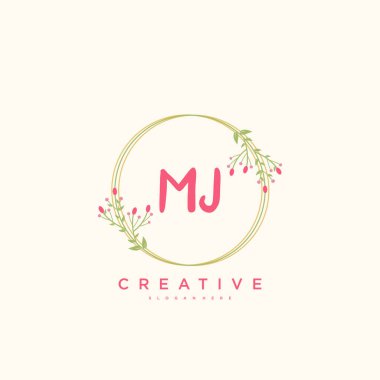 M.J. Güzellik vektörü ilk logosu, ilk imzanın el yazısı sanat tasarımı, düğün, moda, mücevher, butik, çiçek ve botanik, herhangi bir şirket veya işletme için yaratıcı şablona sahip..