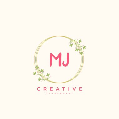 M.J. Güzellik vektörü ilk logosu, ilk imzanın el yazısı sanat tasarımı, düğün, moda, mücevher, butik, çiçek ve botanik, herhangi bir şirket veya işletme için yaratıcı şablona sahip..