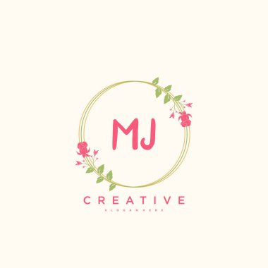 M.J. Güzellik vektörü ilk logosu, ilk imzanın el yazısı sanat tasarımı, düğün, moda, mücevher, butik, çiçek ve botanik, herhangi bir şirket veya işletme için yaratıcı şablona sahip..