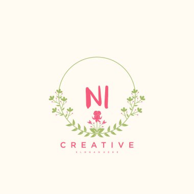 NI Güzellik vektörü ilk logosu, ilk imzanın el yazısı sanat tasarımı, düğün, moda, mücevher, butik, çiçek ve botanik herhangi bir şirket veya işletme için yaratıcı şablona sahip..