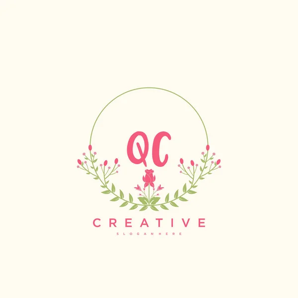 Qc美容ベクトル初期ロゴ 任意の会社やビジネスのための創造的なテンプレートと初期署名 結婚式 ファッション ジュエリー ブティック 花や植物の手書きのロゴアートデザイン — ストックベクタ