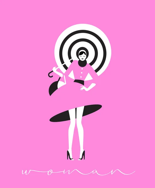 Vrouw met paraplu op roze achtergrond. Negatieve ruimte — Stockvector