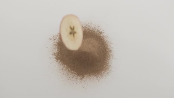 Запеченные яблочные чипсы летят в композицию корицы — стоковое видео