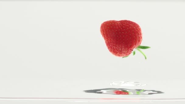 Fresh sweet strawberries in water, beautiful commercial shot for white backgound — Stock Video