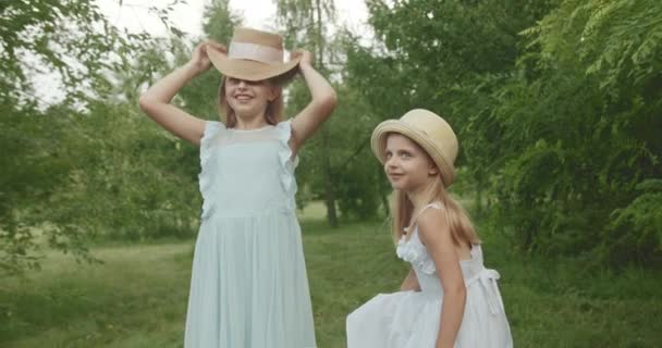 Sestry hrají Happy childs Dvě malé holčičky na zelené trávě Dětský sen — Stock video