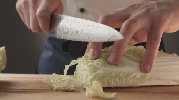 Человек резать салат с ножом на дому Кулинария или шеф-повар подготовить здоровую пищу ресторан — стоковое видео
