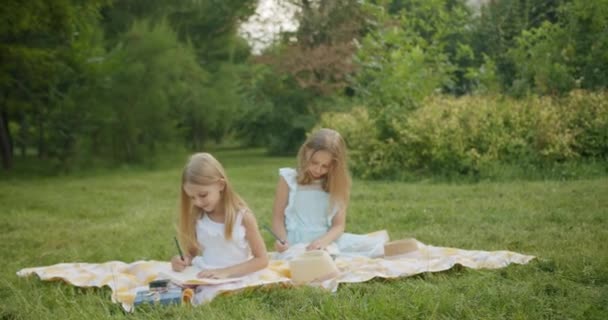 Duas meninas com cabelos longos que fazem lição de casa e desenhar em um caderno em um parque verde — Vídeo de Stock