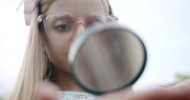Barn upptäcka med ett förstoringsglas en insekt studier natur växt ser ut — Stockvideo