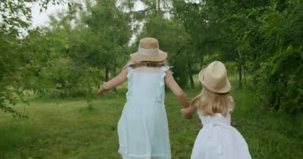Meninas correm através do parque florestal Criança feliz pagando no jardim Crianças — Vídeo de Stock