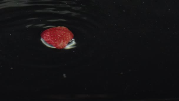 Świeże truskawki chlapanie spadające do wody w zwolnionym tempie z odbiciami — Wideo stockowe