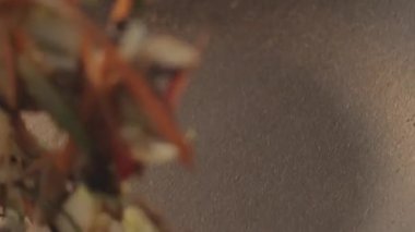 Mutfak, tavuk, sebze ve erişteli tava fırlatıyor.