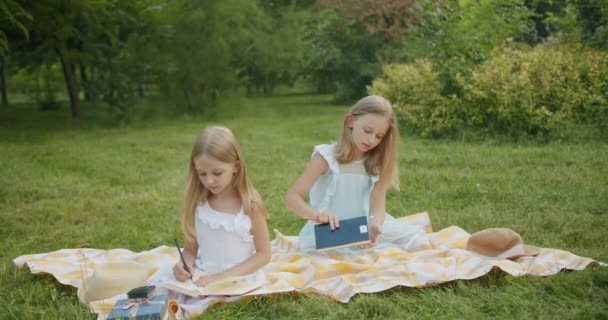 Δύο κορίτσια με μακριά μαλλιά κάνουν τα μαθήματά τους και ζωγραφίζουν ένα σημειωματάριο σε ένα πράσινο πάρκο. — Αρχείο Βίντεο
