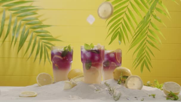 Limonade violette cocktail verfrissende zomer met ijs munt en schijfje limoen vers — Stockvideo