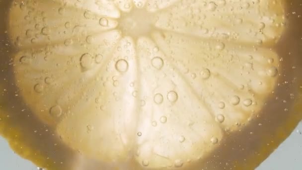 Slice of lemon with bubbles Macro close-up refreshing cold cocktail lemonade — Stock Video