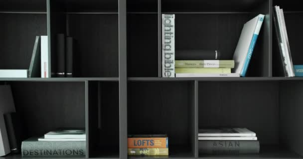 Black wooden bookshelf with books , beauty minimalist in modern penthouse Royalty Free Stock Video