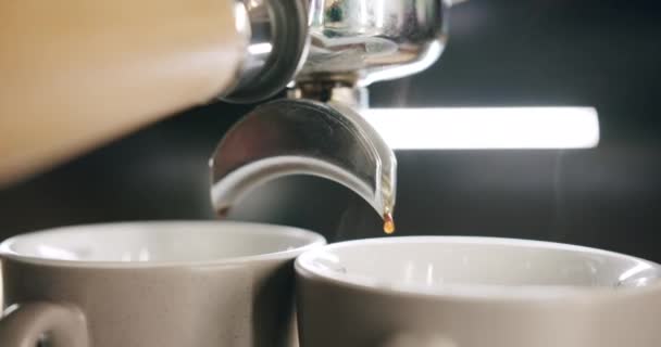 Barista aan het werk, het maken van een twee kopjes sterke koffie in een koffiezetapparaat — Stockvideo