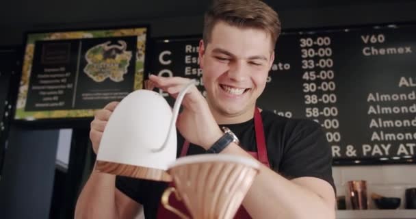 Process V60 Barista Pours Hot Coffee Water White Kettle Poured — Stock Video