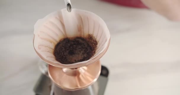 Process V60 Barista Pours Hot Coffee Water White Kettle Poured — Stock Video