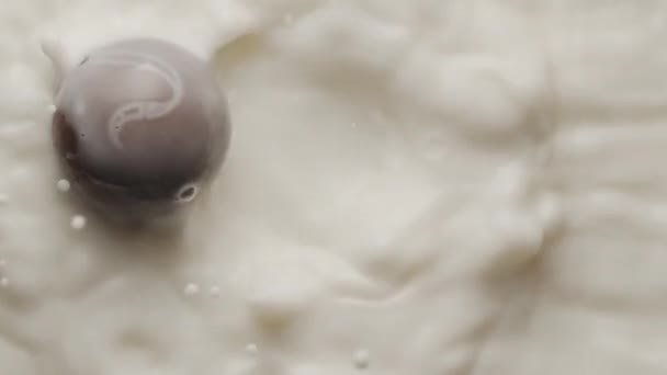 Круглый шоколад, попадающий в расплавленный йогурт и делающий коронные и круглые капли — стоковое видео