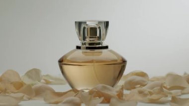 Yumuşak gül yapraklarıyla çevrili zarif bir parfüm şişesinin yakın çekimi lüks ve romantizmi çağrıştırıyor. Güzellik, moda ve parfümle ilgili kavramlar için ideal..