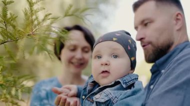 Üç kişilik neşeli bir aile park pikniğinde kaliteli zaman geçirir. Genç bir çocuk, anne ve baba doğal bir ortamda, bu görüntü sevgiyi ve bağı yakalar. Aile Huzurlu Pikniğin tadını çıkarıyor