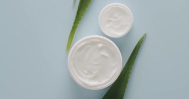 Doğal malzemelere dayalı kozmetik yağları, fırça. Kozmetik şişeleri. Kozmetik ve güzellik tedavisi için aloe vera bitkisi içeren kavanozlar, şişeler ve tüpler açık mavi arka planda dönüyor. Üst görünüm.