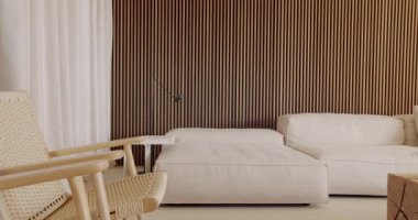 Modern minimalist oturma odası içi ahşap sallanan sandalye, beyaz kanepe, tahta tahta tahta tahta duvar ve saf beyaz perdeler. Oda basit ve dağınık ve doğal ışık ve sükunetle dolu.