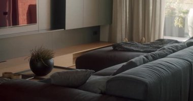 Rahat kanepe, yumuşak yastıklar, battaniye ve çiçekli modern oturma odası. Zarif mobilyalı şık minimalist apartman tasarımı. doğal ışık ve sıcak atmosferi olan ev alanı.