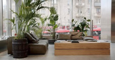 Konforlu mobilyaları ve şehir caddesine bakan geniş pencereleri olan modern ofis lobisi. Güneş ışığı camdan akar, saksı bitkilerini aydınlatır, ahşap mobilyalar