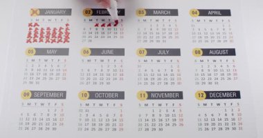 Kırmızı kalemle takvimde günleri işaretleyen bir kişi, Ocak ve Şubat aylarında önemli tarihleri vurguluyor. Kırmızı Kalem Vurgulama Tarihleriyle Bir Takvimde Günleri İşaretleme